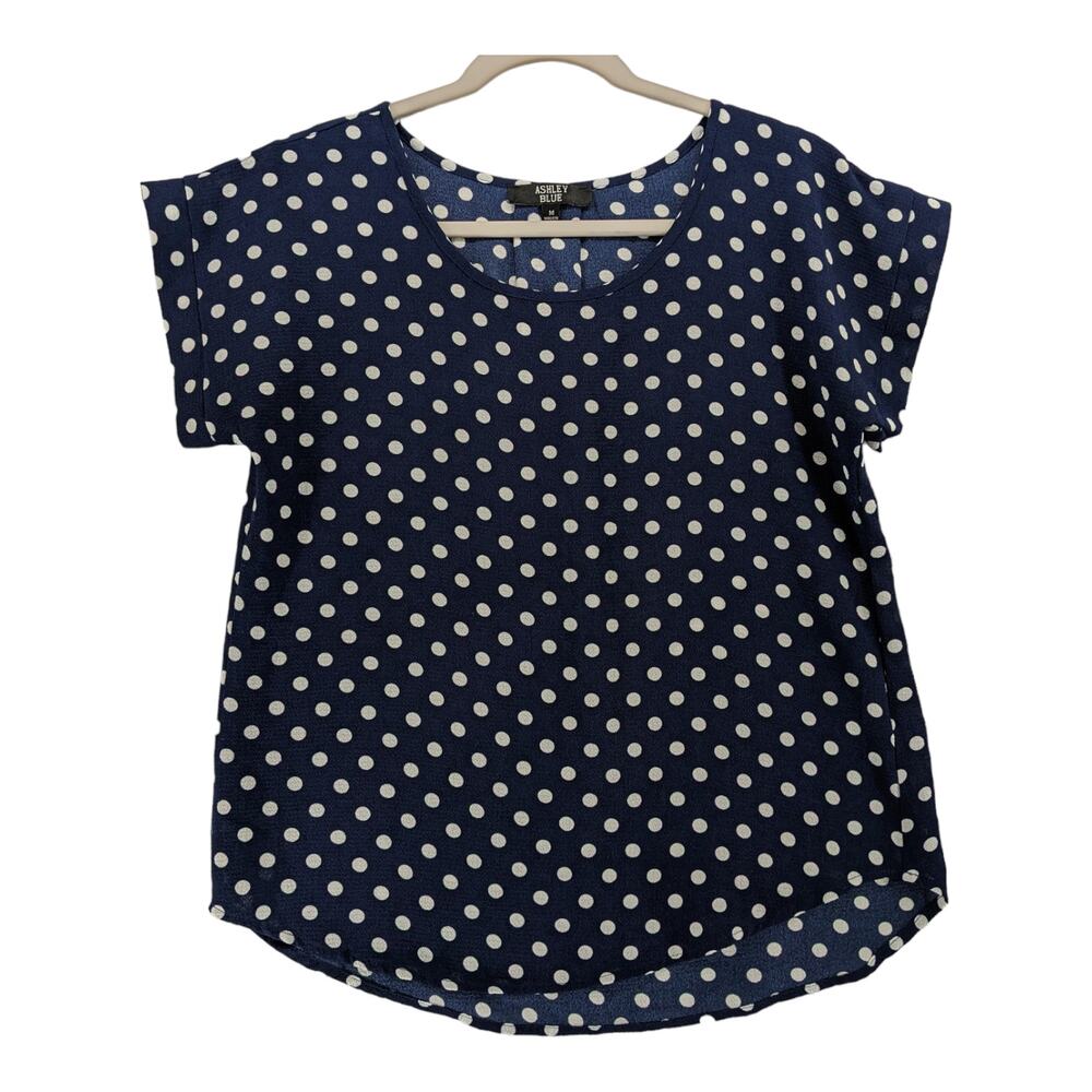 Ashley Blue Dot Print Blouse M Navy White Office Hi Low Hem Short Sleeves Crew‎